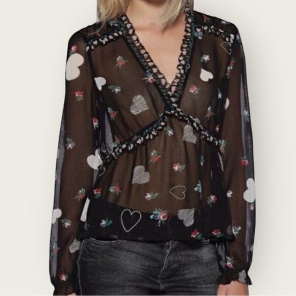 NWOT | Avec Les Filles | Sheer Heart Print Blouse | Black Multi | Medium - Picture 1 of 14